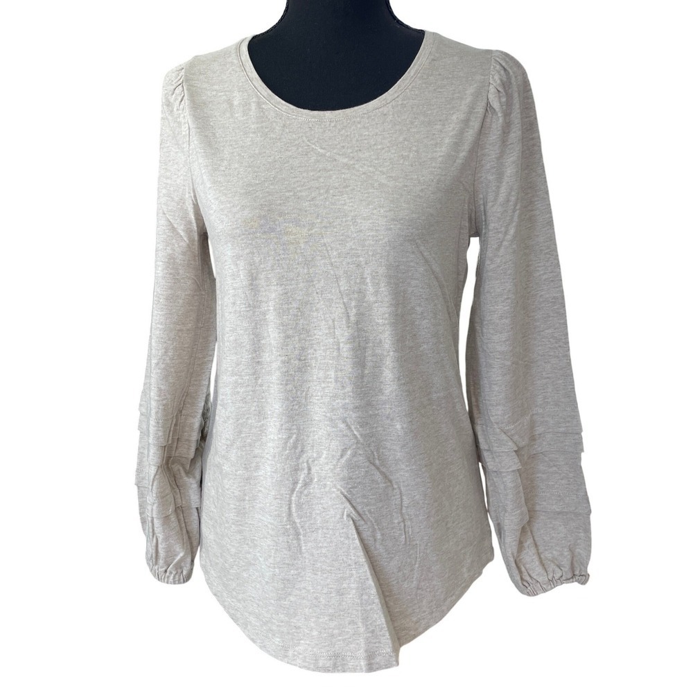 Chicos Ruffle Sleeve Knit Top Womens S Beige Gray Neutral Minimalist Casual Soft